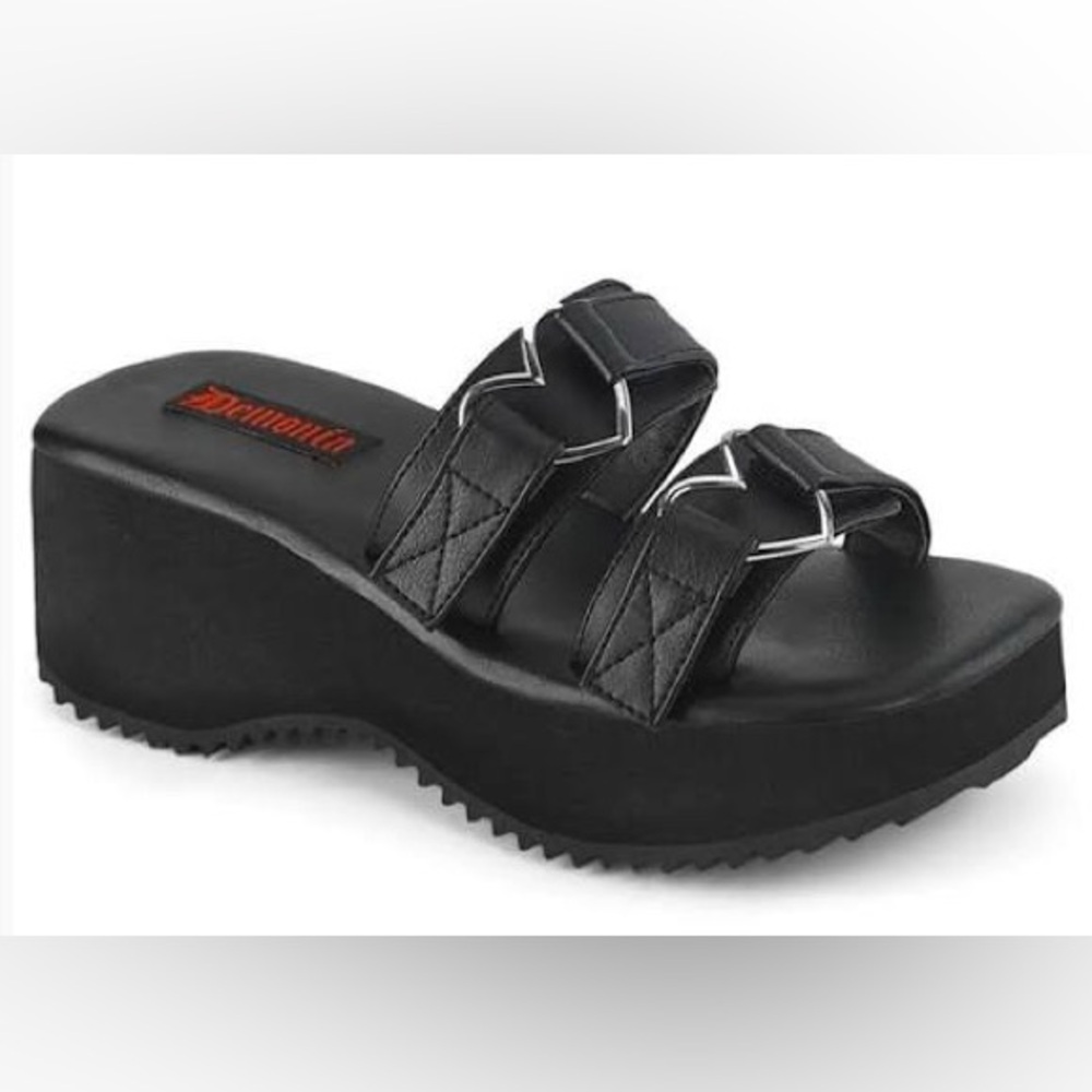 Demonia Black Double Strap Heart Platform Sandals W10 NWB